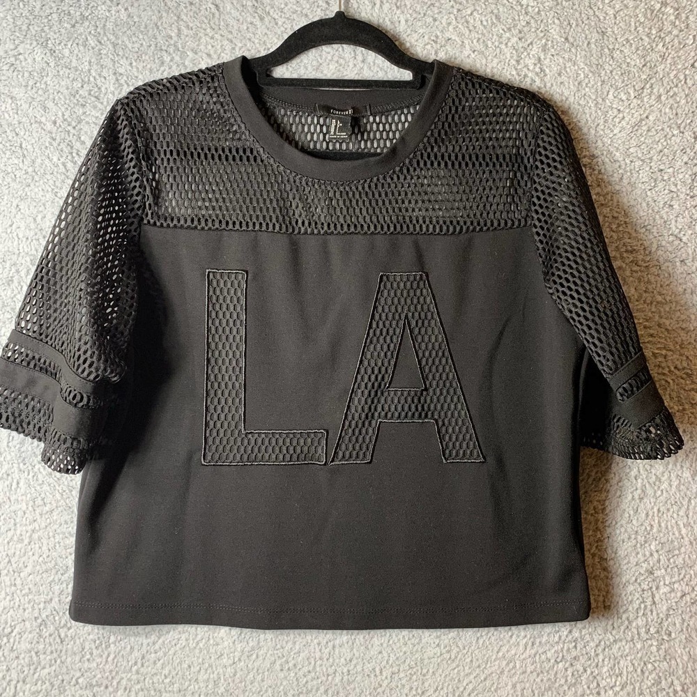 Forever 21 LA Top Womens Large Black LA Monogram Hole Knit Top